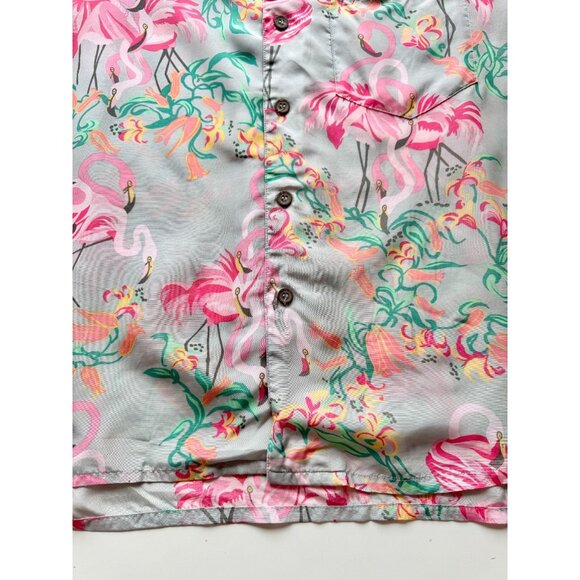 Vintage PATALOHA PATAGONIA Grey Pink Floral Flamingo Hawaiian Shirt, Size S - Picture 8 of 16